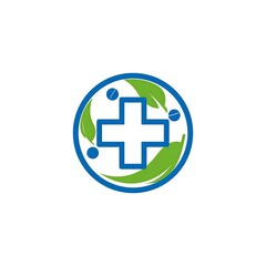 Fototapeta premium Circular logo with a medical cross surrounded by leaves