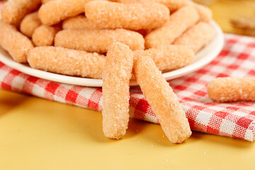 Traditional Chinese Rice Crackers Beijing Style Dim Sum Snacks on Checkered Tablecloth