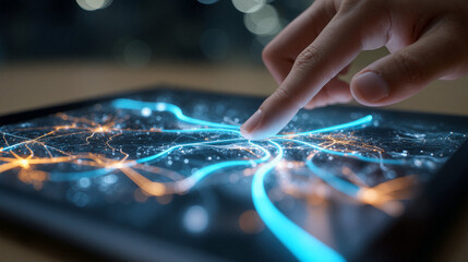 Stylized digital tablet with glowing lines depicting a network being interacted with