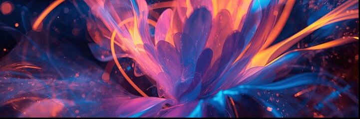 A vibrant, abstract image showcases a flower-like form with flowing, luminous lines of orange, pink, and blue, set against a dark background.