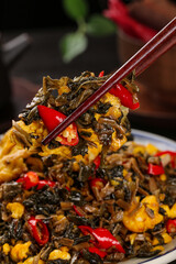 Traditional Shaoxing Stir-Fried Dried Mustard Greens with Red Peppers - Authentic Chinese Szechuan Cuisine