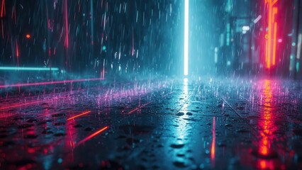 Fototapeta premium Futuristic neon reflections glowing on wet rainy ground in cyberpunk style