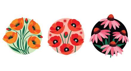 Three floral circle designs with poppies and coneflowers.