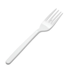 A white plastic fork, angled, with a simple design