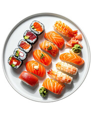 Assorted sushi platter on white plate