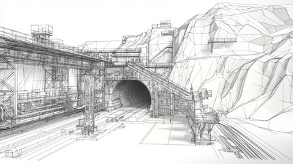 Detailed wireframe design of a large industrial tunnel entrance and surrounding infrastructure in a mountainous area