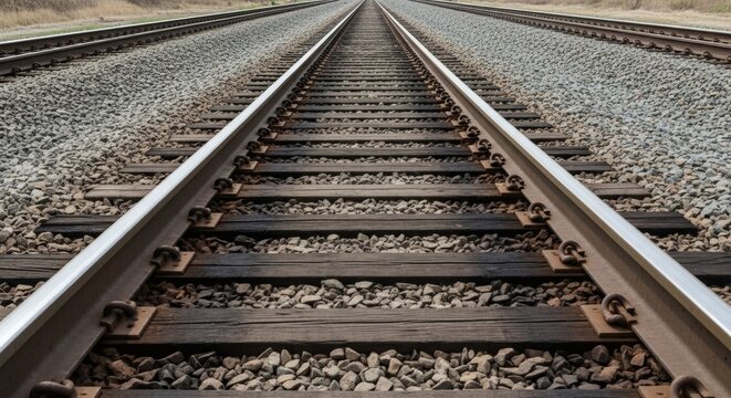 A close-up perspective of parallel train tracks stretching into the distance, with gravel ballast and metal rails forming a converging vanishing point.