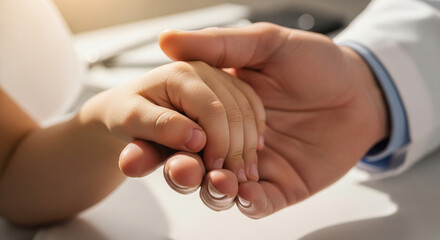Doctor holding a child's hand in a comforting gesture.