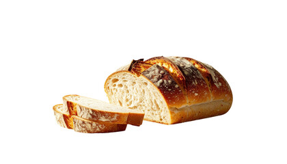 Sliced loaf of artisan bread, golden crust, light interior