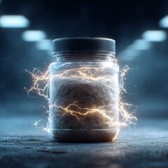 Levitating creatine jar with lightning energy, no label, dark gym background, cinematic square composition