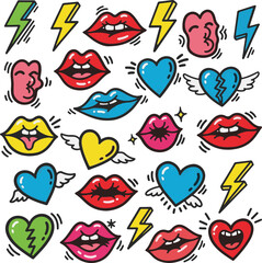 Vibrant Doodle Pattern with Pop Art Lips, Hearts, and Lightning Bolts
