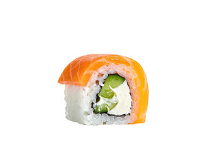 Close-up of a slice of sushi roll with orange salmon, rice, cucumber, and cream cheese filling