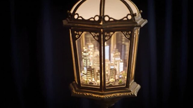 A detailed miniature cityscape with illuminated buildings and tiny cars is contained within a vintage-style lantern.

