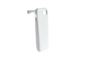 A white smartphone case, angled, shows a simple rectangular shape with a slightly raised edge
