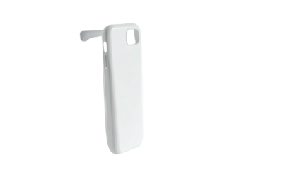 A white smartphone case, angled, shows a simple rectangular shape with a slightly raised edge