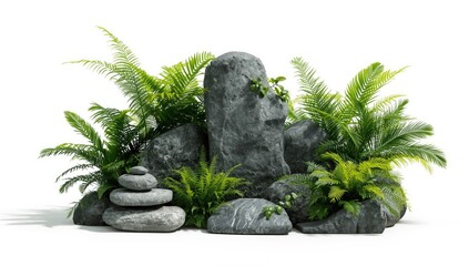Obraz premium A tranquil arrangement of gray rocks and lush greenery, featuring various plants and stacked stones against a white background.