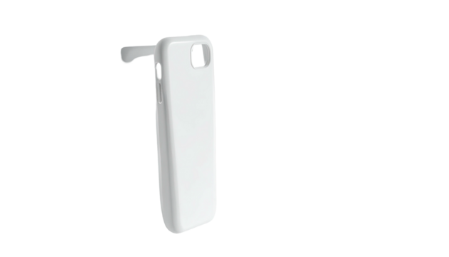 A white smartphone case, angled, shows a simple rectangular shape with a slightly raised edge