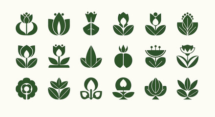 Collection of stylized floral graphic designs, featuring various tulip and flower shapes in a dark green color.