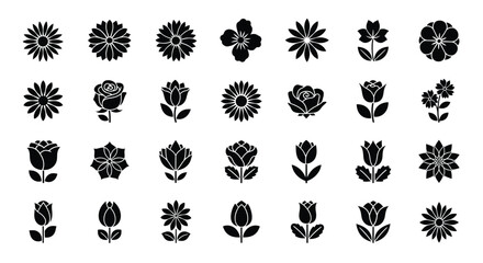 Collection of various stylized flower illustrations, showcasing diverse shapes and forms in a monochromatic design.