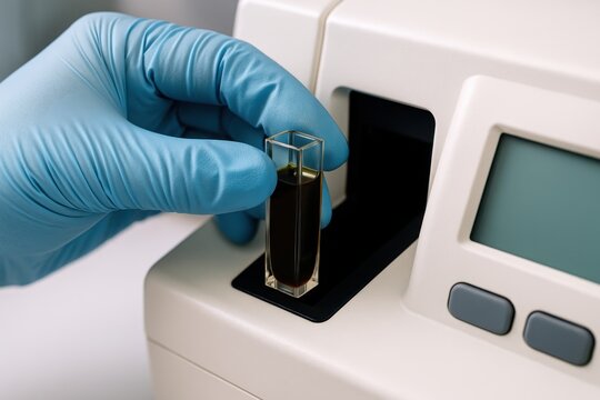Technician conducts oil industry analysis using spectrophotometer to measure properties of liquid sample