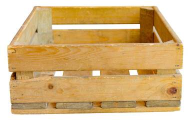 Wooden crate mockup isolated on white background. An empty blank plank box made of yellow oak wood, container for goods storage, shipment and delivery, food packaging mockup.