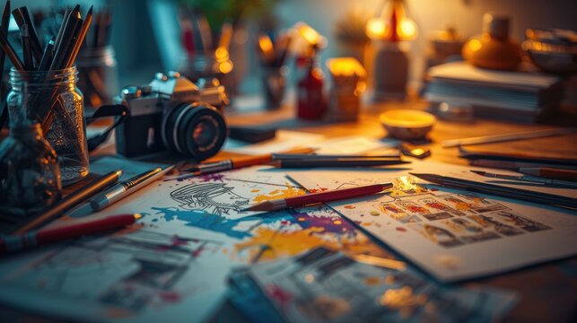 A creative 's workspace, filled with drawing supplies and sketches, bathed in warm lighting.