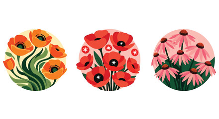 Three circular illustrations showcasing different types of vibrant, colorful flowers, each in a unique arrangement.