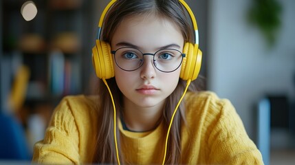 Focused young student wearing bright yellow headphones and glasses, engrossed in online learning or creative work