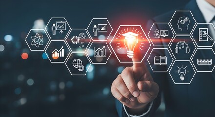 A businessman in a suit points to a glowing lightbulb icon with a graduation cap, surrounded by digital learning and business symbols against a blurred city background.