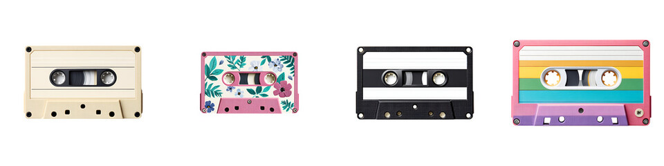 Obraz premium Retro Audio Cassette Tapes Set, Isolated on White Background