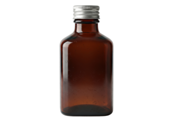 A squat dark amber textured glass apothecary bottle with a dull silver cap, isolated on a transparent background with copy space, diffuse studio lighting, concept of vintage utility