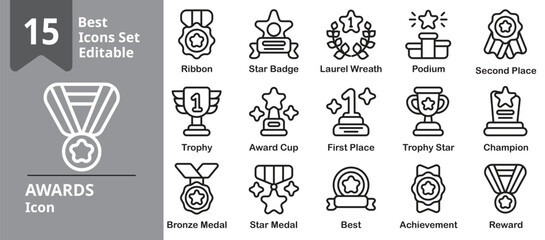 Awards icons set. Contains ribbons, stars, badges, certificates, and prize. Editable outline vector illustration.