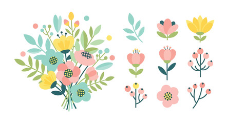A beautiful collection of stylized flat design flowers, leaves, and berries, including a colorful bouquet and individual isolated elements.