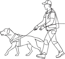 Fototapeta premium Person Walking a Dog with Harness on a Leash Outline