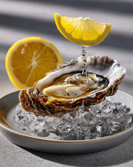 Fresh oysters with ice and lemon on a gray background, close-up