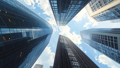 Skyscrapers pointing upwards under a partly cloudy sky. Reflective glass and geometric shapes create a modern urban scene