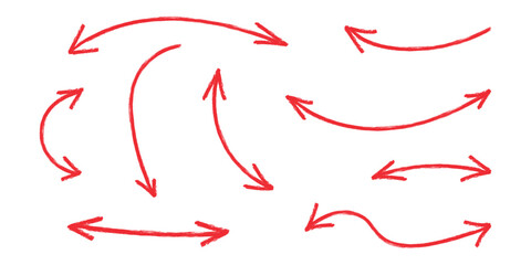 Hand drawn crayon movement arrow collection. Grunge squiggly arrow set. Pencil chalk lines sketch. Red brush scribble element set. Doodle vector illustration.