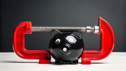 Black piggy bank squeezed in clamp symbolizing financial stress and savings pressure
