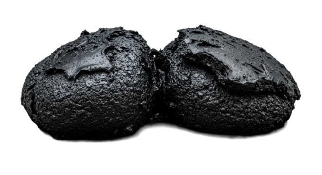 Extreme macro shot of irregular, gritty black tar blobs congealed on rough, stained concrete, against a stark white background with copy space, concept of urban decay and neglect