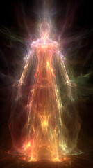 AI art backdrop featuring colorful fractal shapes, glowing holographic layers, and radiant flow