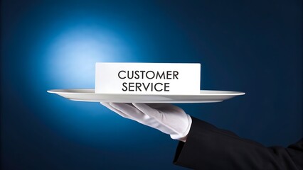 Customer service concept with waiter hand holding tray and sign on blue background  
