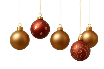 Christmas ornaments hanging, golden and red baubles decorating festive holiday season, transparent background