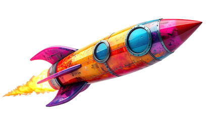Colorful rocket ship in flight with flames, vibrant hues, and detailed design