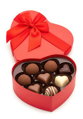 Heart shaped box of assorted chocolates with red ribbon and bow
