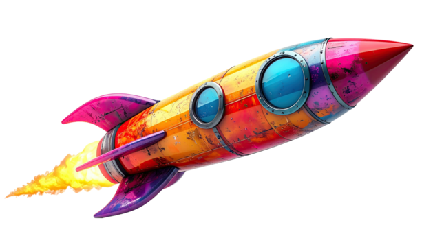 Colorful rocket ship in flight with flames, vibrant hues, and detailed design - Powered by Adobe