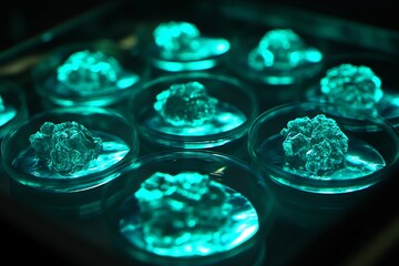 Glowing crystal structures emerging chemistry reaction on petri dish scientific fantasy realism