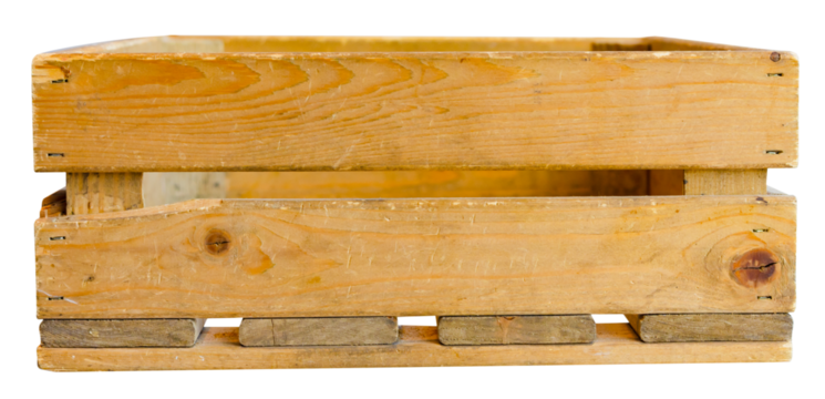 Wooden crate mockup isolated on white background. An empty blank plank box made of yellow oak wood, container for goods storage, shipment and delivery, food packaging mockup.