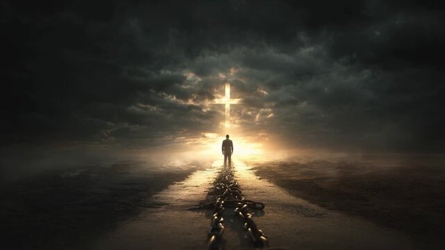 Path to Faith: A lone figure stands on a path leading towards a radiant cross bathed in heavenly light, symbolizing faith, hope, and spiritual guidance.