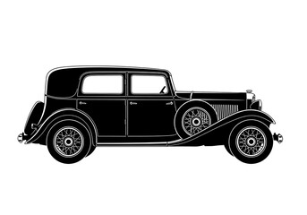 Elegant black silhouette of a classic vintage luxury automobile, showcasing timeless design and historical transportation style, perfect for retro themes or historical illustrations
