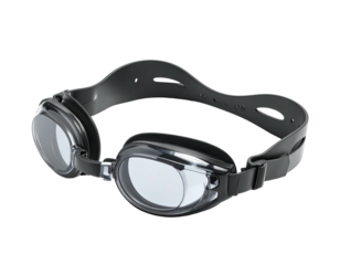 Black swim goggles, clear lenses